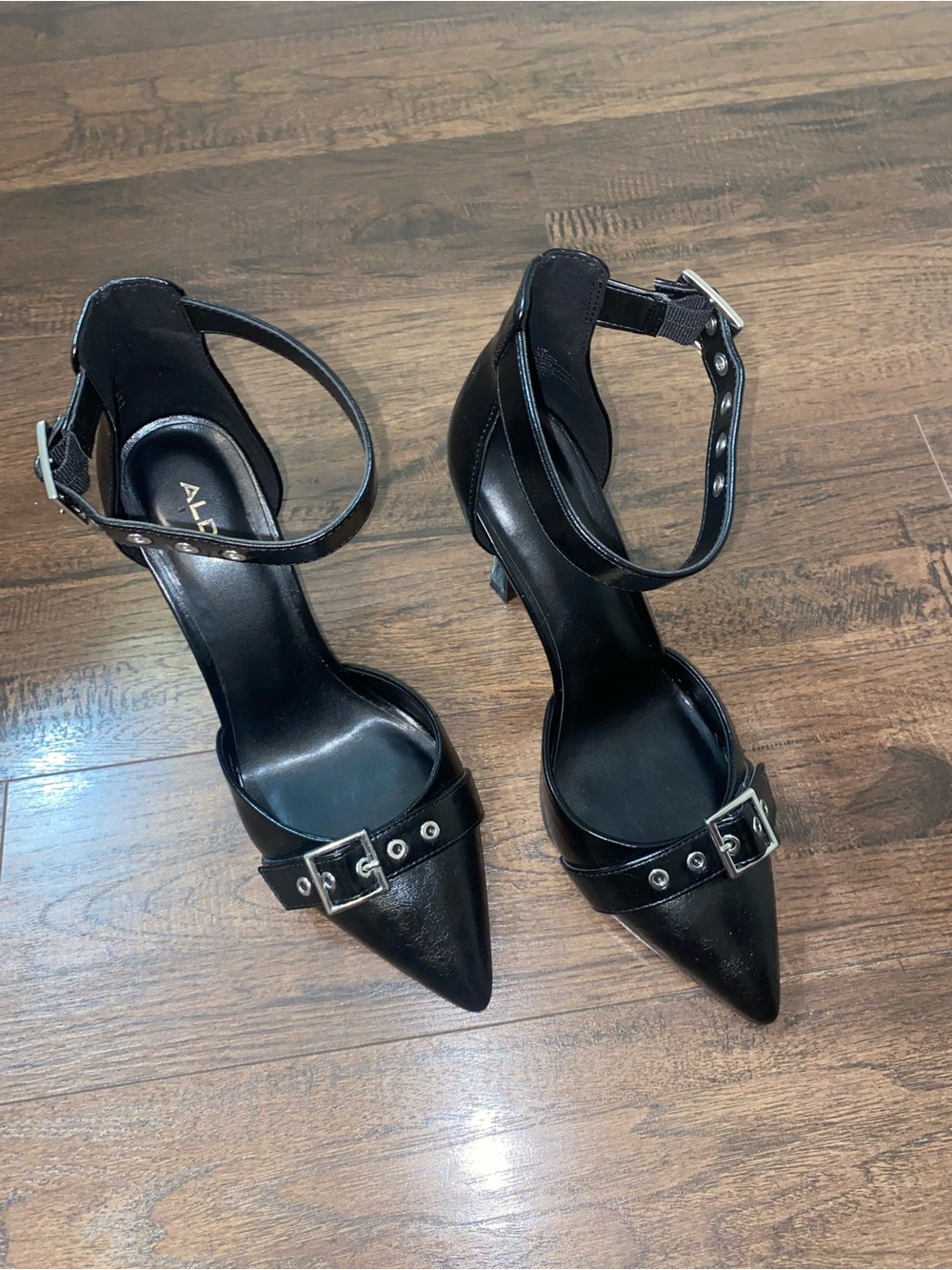 Aldo Black Pointed Toe Ankle-Strap Heels with Buckle Detail